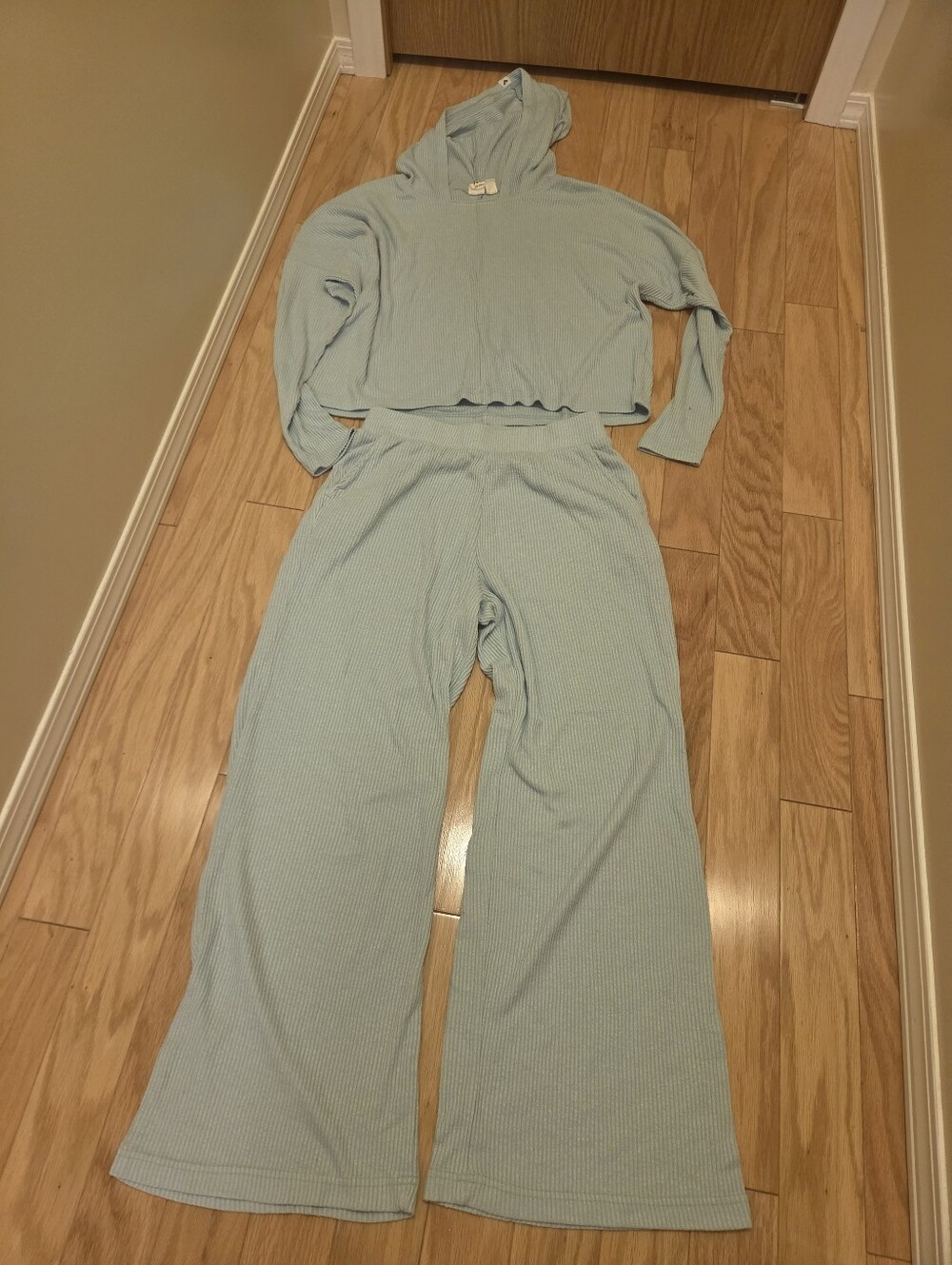 Roxy Light Blue Ribbed Hoodie & Wide-Leg Lounge Set
